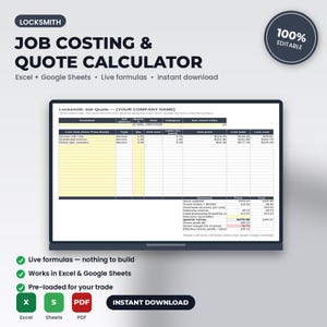 Locksmith Job Costing & Quote Calculator Spreadsheet | Excel + Google Sheets | Instant Download imagem 1