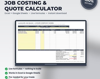 Locksmith Job Costing & Quote Calculator Spreadsheet | Excel + Google Sheets | Instant Download