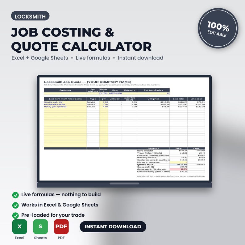 Locksmith Job Costing & Quote Calculator Spreadsheet | Excel + Google Sheets | Instant Download imagem 1