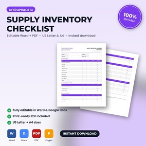 Könnte beinhalten: Eine Checkliste für den Chiropraktik-Bestand mit violetten Kopfzeilen und weißen Zeilen. Das Formular enthält Abschnitte für Artikelnamen, Mengen und Bestellstatus. Text: Chiropractic Supply Inventory Checklist, Editable Word + PDF, US Letter & A4, 100% Editable.