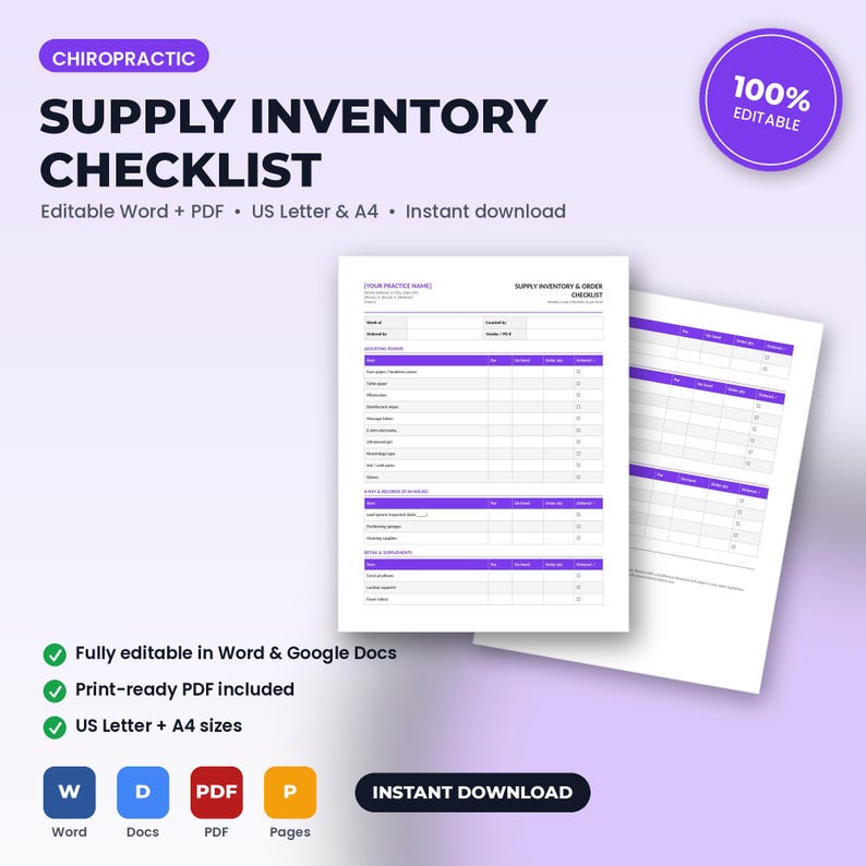 K&ouml;nnte beinhalten: Eine Checkliste f&uuml;r den Chiropraktik-Bestand mit violetten Kopfzeilen und wei&szlig;en Zeilen. Das Formular enth&auml;lt Abschnitte f&uuml;r Artikelnamen, Mengen und Bestellstatus. Text: Chiropractic Supply Inventory Checklist, Editable Word + PDF, US Letter & A4, 100% Editable.