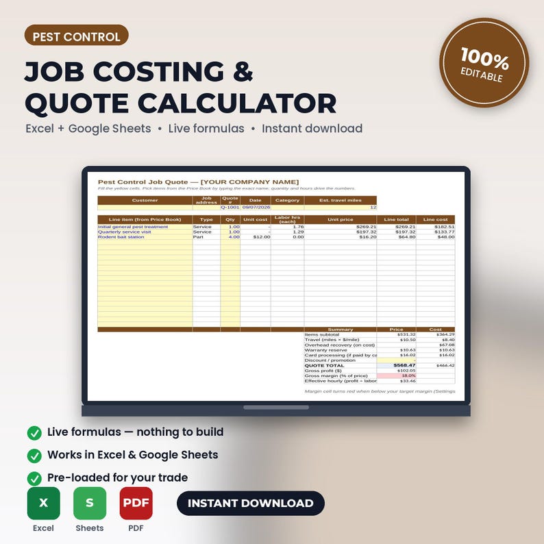Pest Control Job Costing & Quote Calculator Spreadsheet | Excel + Google Sheets | Instant Download Bild 1