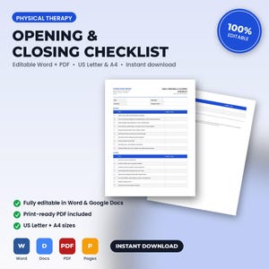 K&ouml;nnte beinhalten: Eine Checkliste f&uuml;r die Er&ouml;ffnung und Schlie&szlig;ung einer Physiotherapiepraxis als Dokumentvorlage mit blauen Kopfzeilen und wei&szlig;en Zeilen. Der Text enth&auml;lt Daily Opening and Closing Checklist, Aufgabenlisten und Felder f&uuml;r Datum und Namen.