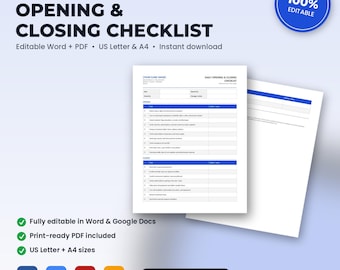 Physical Therapy Daily Opening & Closing Checklist | Editable Word + PDF | US Letter + A4 | Instant Download