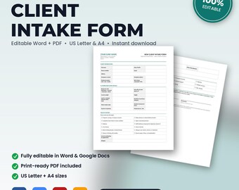 Formulario de admisión e historial médico para nuevos pacientes de la clínica de hidratación intravenosa / Word editable + PDF / Carta estadounidense + A4 / Descarga instantánea