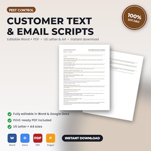 Puede incluir: Una plantilla de documento digital titulada Pest Control Customer Text & Email Scripts. El documento presenta texto negro sobre fondo blanco, incluyendo secciones para confirmaciones de citas, seguimientos y solicitudes de rese&ntilde;as en formato A4.