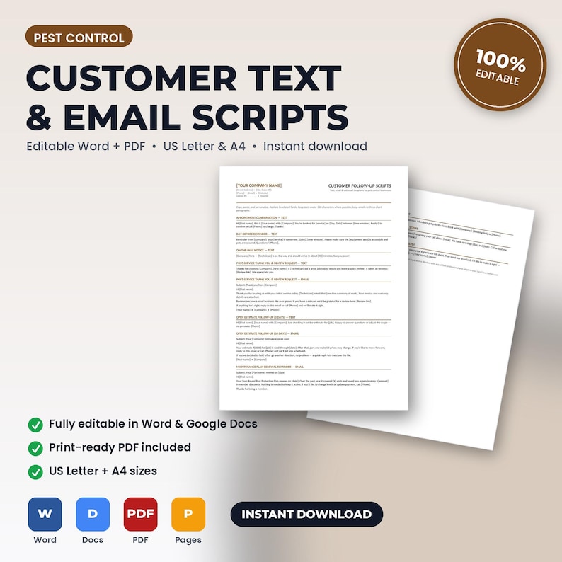 Puede incluir: Una plantilla de documento digital titulada Pest Control Customer Text & Email Scripts. El documento presenta texto negro sobre fondo blanco, incluyendo secciones para confirmaciones de citas, seguimientos y solicitudes de rese&ntilde;as en formato A4.