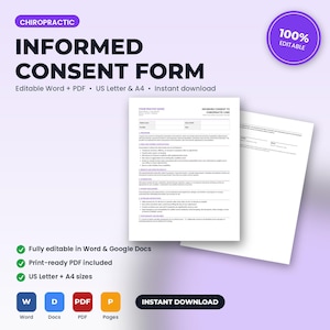 Chiropractic Office Treatment-Specific Informed Consent Form | Editable Word + PDF | US Letter + A4 | Instant Download image 1