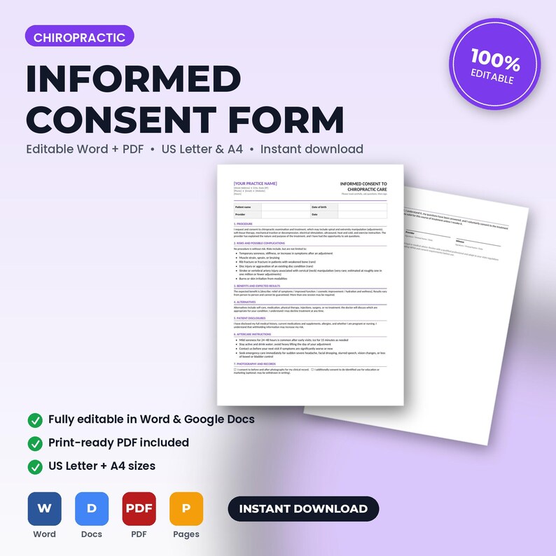 Chiropractic Office Treatment-Specific Informed Consent Form | Editable Word + PDF | US Letter + A4 | Instant Download image 1