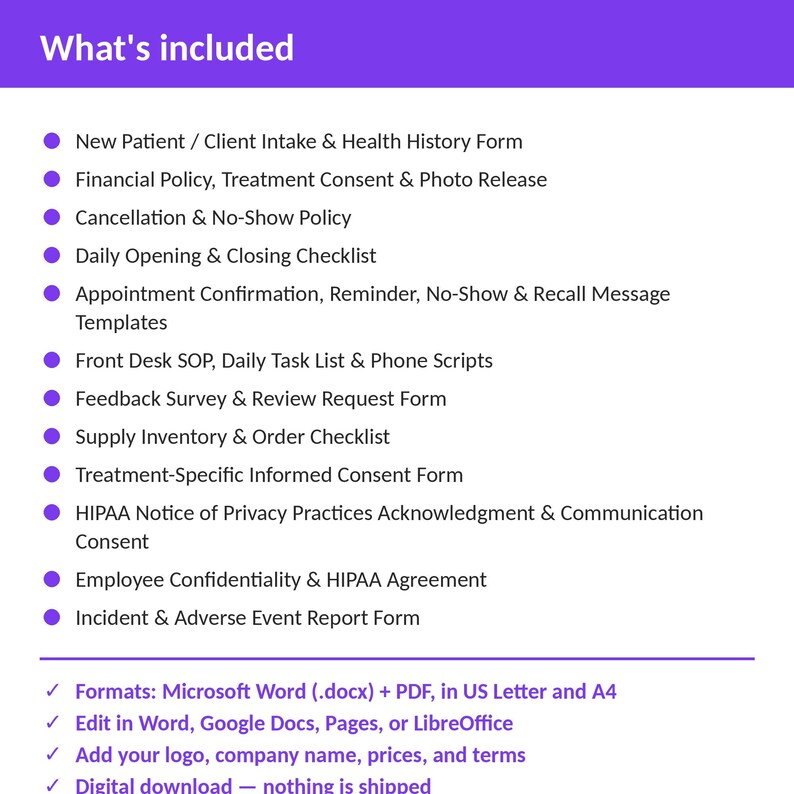 Chiropractic Office Complete Practice Kit | 12 Editable Forms: Intake, Consents, HIPAA, Policies, Checklists, Scripts | Word + PDF afbeelding 2