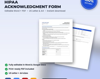 Physical Therapy HIPAA Notice of Privacy Practices Acknowledgment & Communication Consent | Editable Word + PDF | Instant Download
