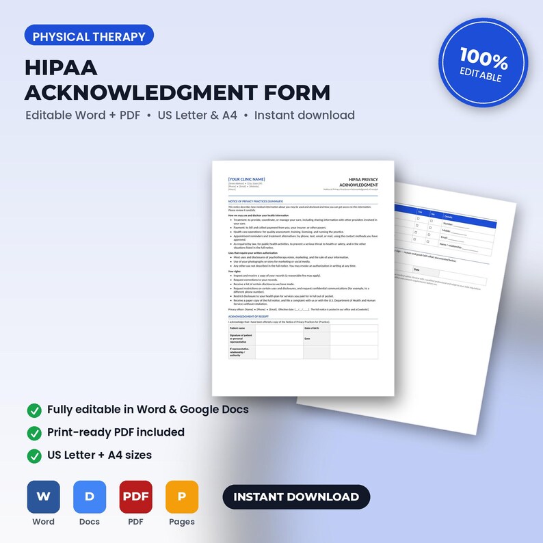 Pu&ograve; includere: Un modello di modulo di riconoscimento HIPAA per la fisioterapia in formato Word e PDF. Il documento presenta sezioni per le informazioni sul paziente, le pratiche sulla privacy e le firme. &Egrave; compatibile con i formati US Letter e A4.