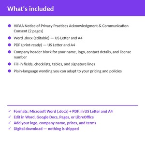 Może przedstawiać: Cyfrowy szablon dokumentu zatytułowany What's included, zawierający zawiadomienie o praktykach ochrony prywatności HIPAA i zgodę na komunikację, edytowalne pliki Word .docx i PDF w formatach US Letter i A4, bloki nagł&oacute;wk&oacute;w oraz pola do wypełnienia.