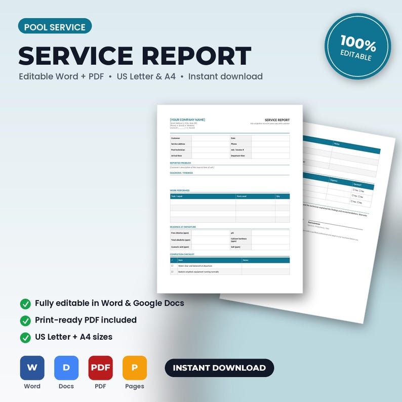 May include: A pool service report template featuring a white document with blue headers and grid lines for customer details, work performed, and chemical readings. The text includes "POOL SERVICE", "SERVICE REPORT", and "100% EDITABLE".