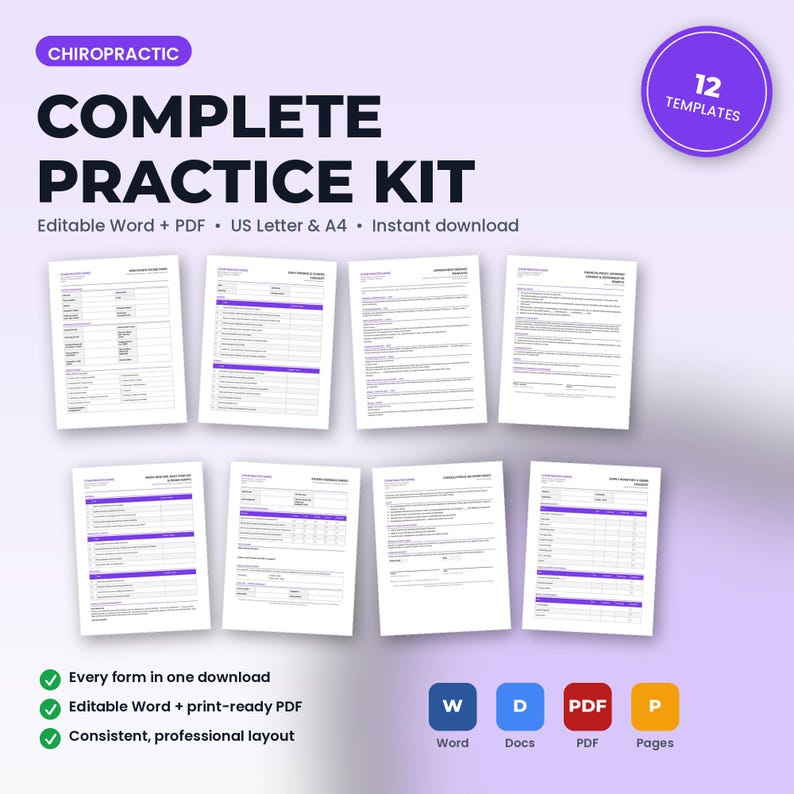 Chiropractic Office Complete Practice Kit | 12 Editable Forms: Intake, Consents, HIPAA, Policies, Checklists, Scripts | Word + PDF afbeelding 1