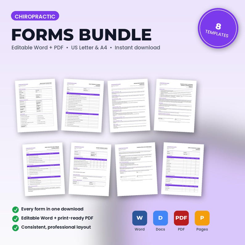 Chiropractic Office Forms Bundle | 8 Editable Templates: Intake, Consent, Policies, Checklists, Scripts, SOP | Word + PDF image 1