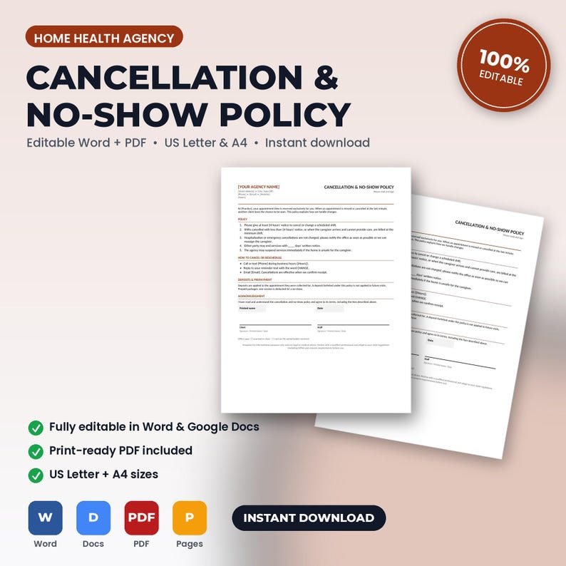 Home Health Agency Cancellation & No-Show Policy | Editable Word + PDF | US Letter + A4 | Instant Download immagine 1