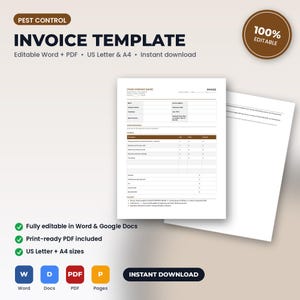 May include: A pest control invoice template featuring editable Word and PDF formats in US Letter and A4 sizes. The document includes fields for company name, customer details, service description, and payment terms, presented in a clean layout.
