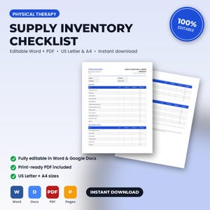 May include: A physical therapy supply inventory checklist document featuring a header with the text Physical Therapy Supply Inventory Checklist. The form includes columns for item names, stock levels, and order quantities in a clean, white layout.