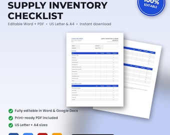 Physical Therapy Supply Inventory & Order Checklist | Editable Word + PDF | US Letter + A4 | Instant Download