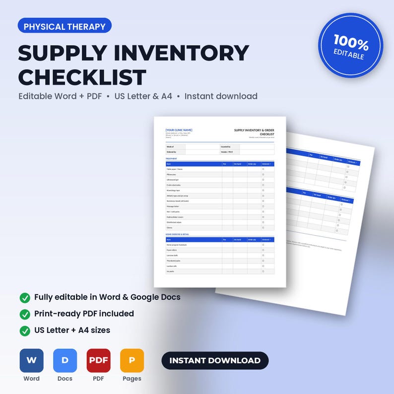 May include: A physical therapy supply inventory checklist document featuring a header with the text Physical Therapy Supply Inventory Checklist. The form includes columns for item names, stock levels, and order quantities in a clean, white layout.