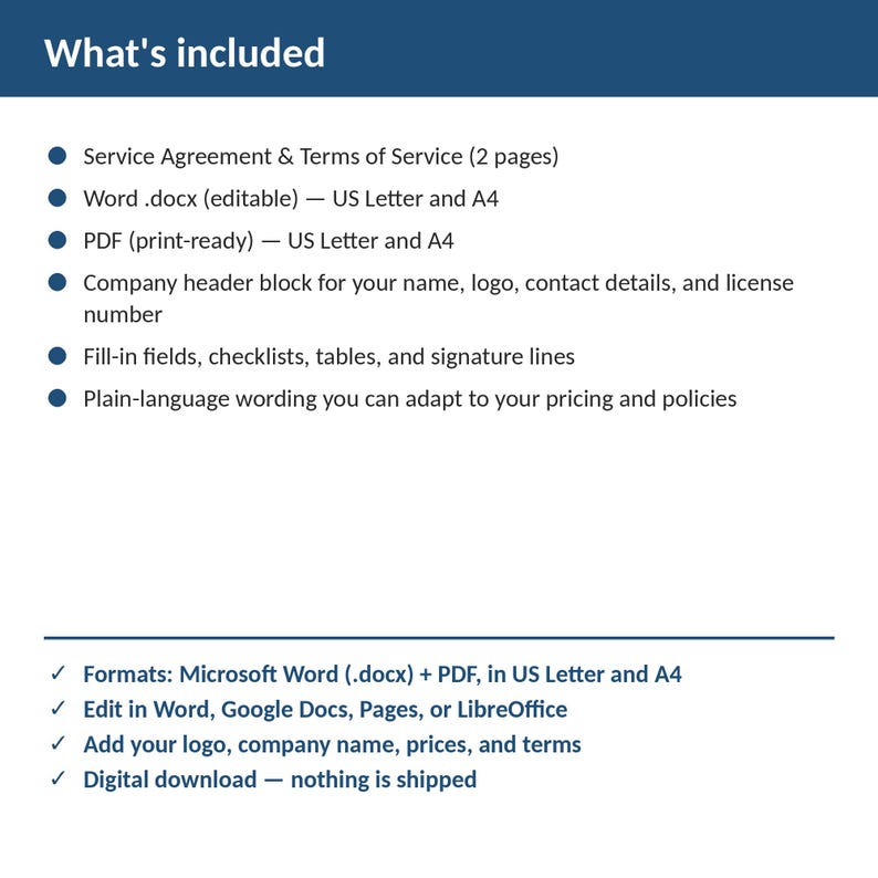 Może przedstawiać: Cyfrowy szablon dokumentu zatytułowany What's included, zawierający umowę serwisową i regulamin w formatach Word i PDF dla US Letter i A4. Zawiera nagł&oacute;wek firmowy, pola do wypełnienia oraz prosty język, kt&oacute;ry można dostosować do własnych potrzeb.