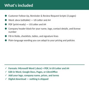 Pu&ograve; includere: Un modello di documento digitale intitolato What's included, con elenchi puntati verdi che indicano script di follow-up per i clienti, formati Word .docx e PDF modificabili in dimensioni US Letter e A4, intestazioni aziendali e campi compilabili.