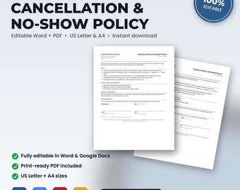 Dental Office Cancellation & No-Show Policy | Editable Word + PDF | US Letter + A4 | Instant Download