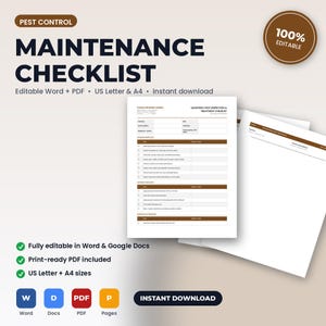 Pu&ograve; includere: Un modello di documento per la lista di controllo della manutenzione del controllo dei parassiti con sezioni per l'ispezione esterna, il trattamento e il follow-up. Il foglio bianco include intestazioni e testo marrone scuro con campi.