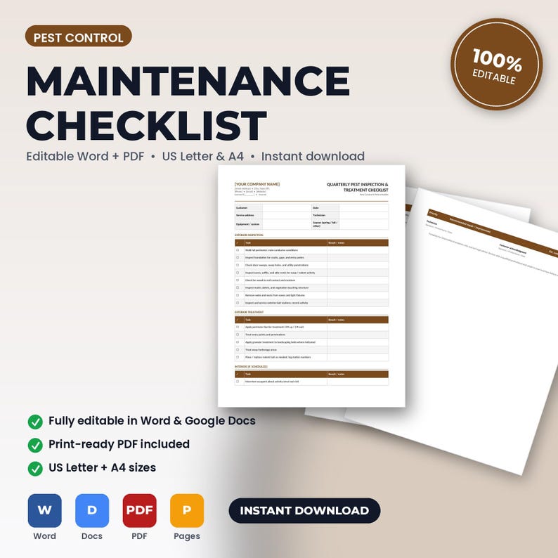 Pu&ograve; includere: Un modello di documento per la lista di controllo della manutenzione del controllo dei parassiti con sezioni per l'ispezione esterna, il trattamento e il follow-up. Il foglio bianco include intestazioni e testo marrone scuro con campi.