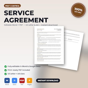 May include: A digital pest control service agreement template featuring black text on white paper. The document includes sections for company details, services, fees, payment, scheduling, and liability. It is presented as a printable document.