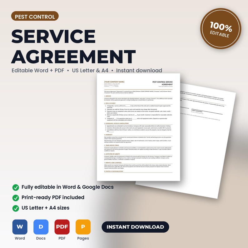 May include: A digital pest control service agreement template featuring black text on white paper. The document includes sections for company details, services, fees, payment, scheduling, and liability. It is presented as a printable document.