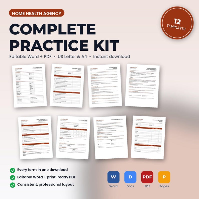 Home Health Agency Complete Practice Kit | 12 Editable Forms: Intake, Consents, HIPAA, Policies, Checklists, Scripts | Word + PDF image 1