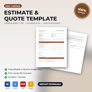May include: A digital pest control estimate and quote template document featuring a white form with brown headers, text fields for company information, service details, and pricing, available in US Letter and A4 sizes for Word and PDF formats.