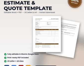 Pest Control Service Estimate & Quote Template | Editable Word + PDF | US Letter + A4 | Instant Download