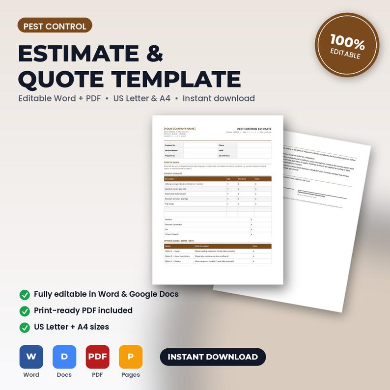 May include: A digital pest control estimate and quote template document featuring a white form with brown headers, text fields for company information, service details, and pricing, available in US Letter and A4 sizes for Word and PDF formats.