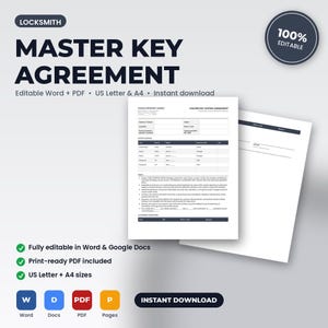 Locksmith Master Key System Agreement | Editable Word + PDF | US Letter + A4 | Instant Download image 1