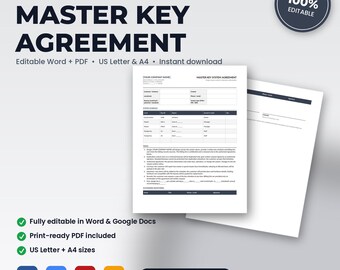 Locksmith Master Key System Agreement | Editable Word + PDF | US Letter + A4 | Instant Download