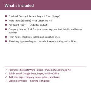 Peut inclure: Un mod&egrave;le de document num&eacute;rique intitul&eacute; What's included, listant un formulaire de sondage et de demande d'avis en formats Word .docx et PDF pour US Letter et A4. Inclut un en-t&ecirc;te d'entreprise, des champs &agrave; remplir et un texte clair.