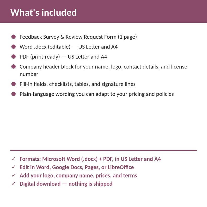 Peut inclure: Un mod&egrave;le de document num&eacute;rique intitul&eacute; What's included, listant un formulaire de sondage et de demande d'avis en formats Word .docx et PDF pour US Letter et A4. Inclut un en-t&ecirc;te d'entreprise, des champs &agrave; remplir et un texte clair.