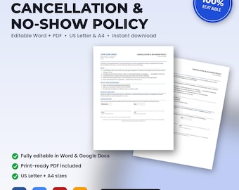 Physical Therapy Cancellation & No-Show Policy | Editable Word + PDF | US Letter + A4 | Instant Download