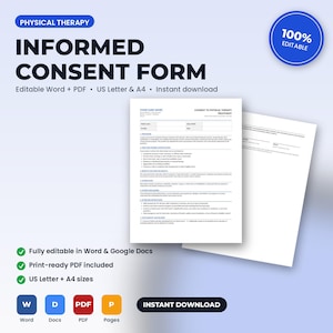 Specifikt informerat samtyckesformulär för fysioterapibehandling | Redigerbart Word + PDF | US Letter + A4 | Direktnedladdning bild 1