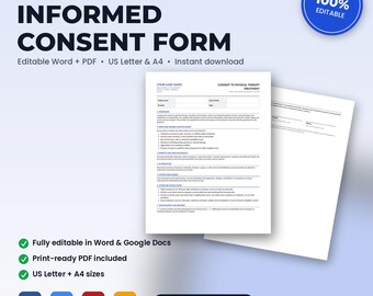 Physical Therapy Treatment-Specific Informed Consent Form | Editable Word + PDF | US Letter + A4 | Instant Download