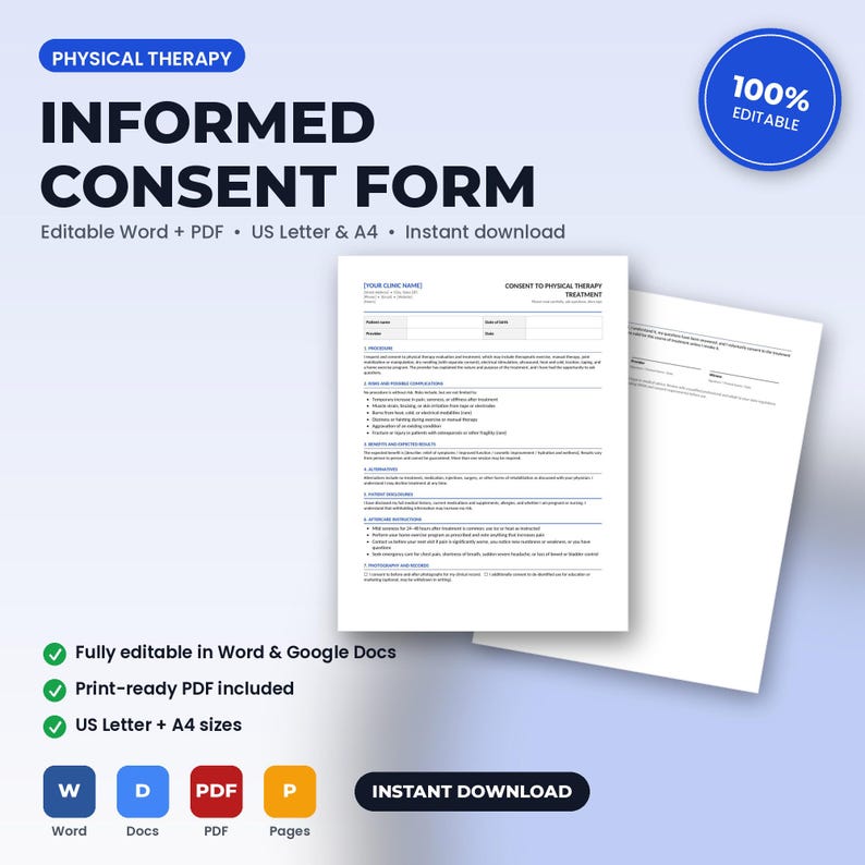 Specifikt informerat samtyckesformulär för fysioterapibehandling | Redigerbart Word + PDF | US Letter + A4 | Direktnedladdning bild 1