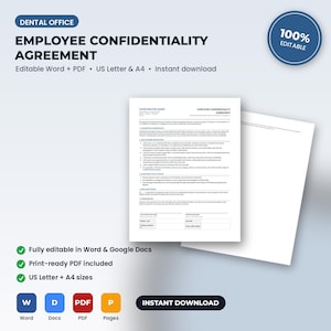 Dental Office Employee Confidentiality & HIPAA Agreement | Editable Word + PDF | US Letter + A4 | Instant Download image 1