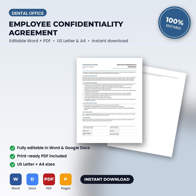Dental Office Employee Confidentiality & HIPAA Agreement | Editable Word + PDF | US Letter + A4 | Instant Download image 1