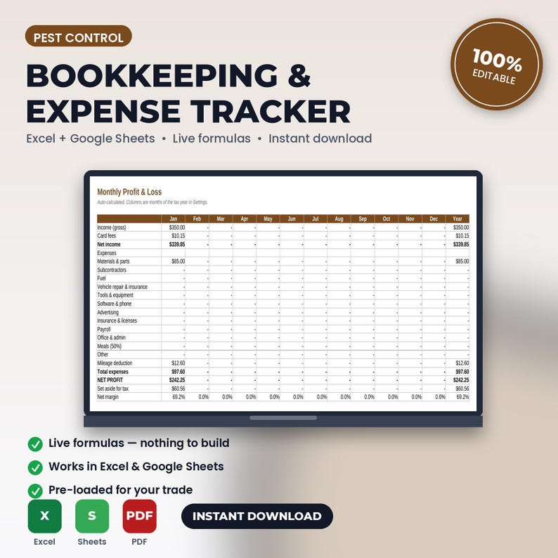 Pest Control Bookkeeping, Expense & Mileage Tracker Spreadsheet | Excel + Google Sheets | Instant Download image 1