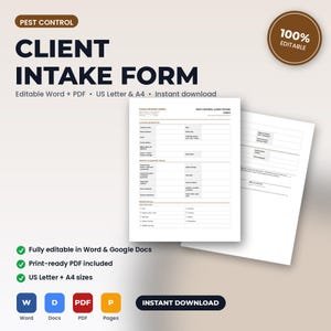 May include: A pest control client intake form template featuring sections for customer information, property details, and service requests. The document includes text fields for contact details, equipment, and checkboxes for pest types. Available in US Letter size.