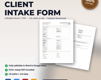 Pest Control Client Intake Form | Editable Word + PDF (US Letter, A4)