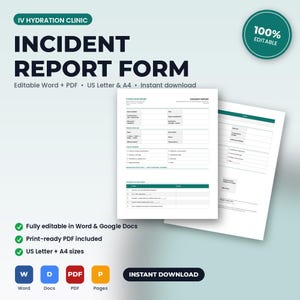 Puede incluir: Una plantilla de formulario de informe de incidentes para cl&iacute;nica de hidrataci&oacute;n IV con un dise&ntilde;o profesional que incluye secciones para detalles del incidente, informaci&oacute;n del paciente y acciones de seguimiento, en formato A4 totalmente editable.